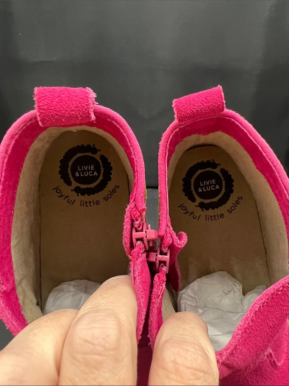 Livie & Luca Bright Fuchsia Suede Ankle Boots with Tan Heel
